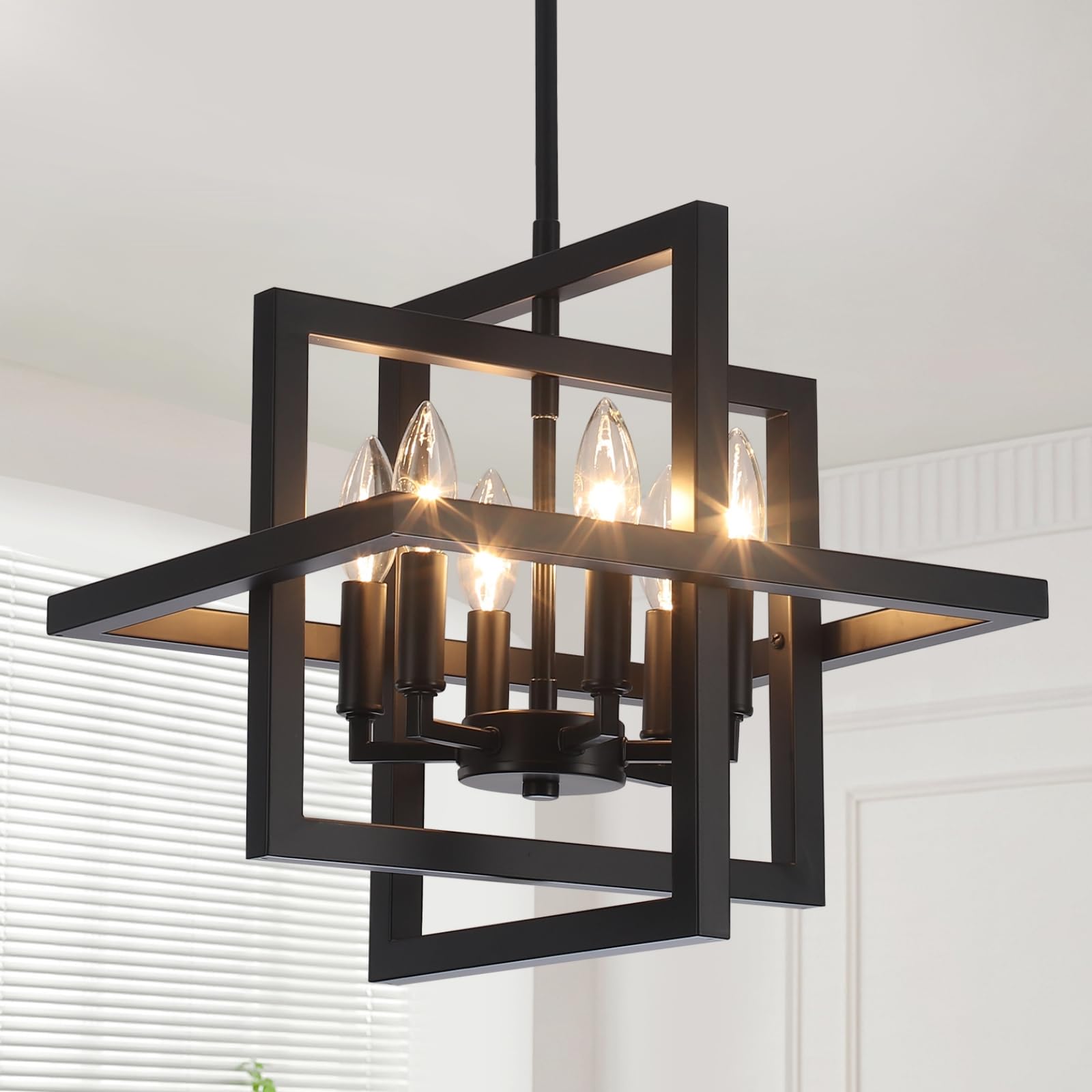 Photo 1 of SJCCDSGS Small Black Chandelier- 6 Lights Modern Pendant Light Fixture, Geometric Chandeliers Industrial Hanging Lights for Entryway Dining Room Living Room Kitchen Island Hallway Foyer