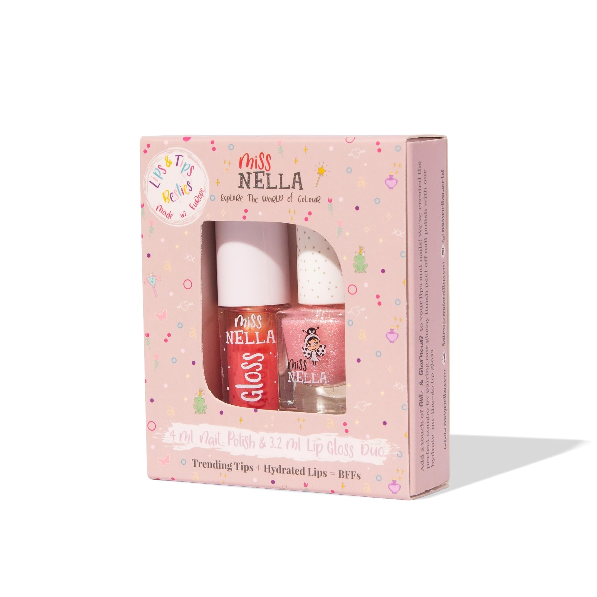 Miss Nella Pink Secret Lips & Tips duo- Scented Lip Gloss + Glitter Nail Polish for Kids with Peel-off, Water Based & Odour Free Formula