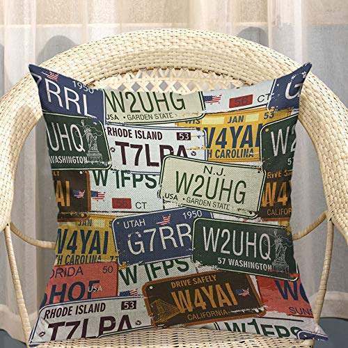 Mugod USA License Plate Pillowcase Retro Car Utah Washington Rhode Island Carolina Print 18"x 18" Soft Square Cotton Linen Pillow Case Cushion Cover Home Decorative for Men Women Boys Girls