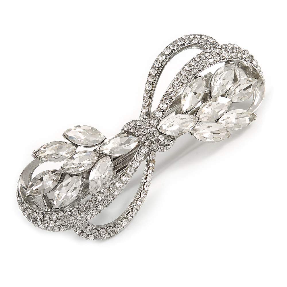 Bridal Wedding Prom Silver Tone Diamante Bow Barrette Hair Clip Grip - 85mm Across