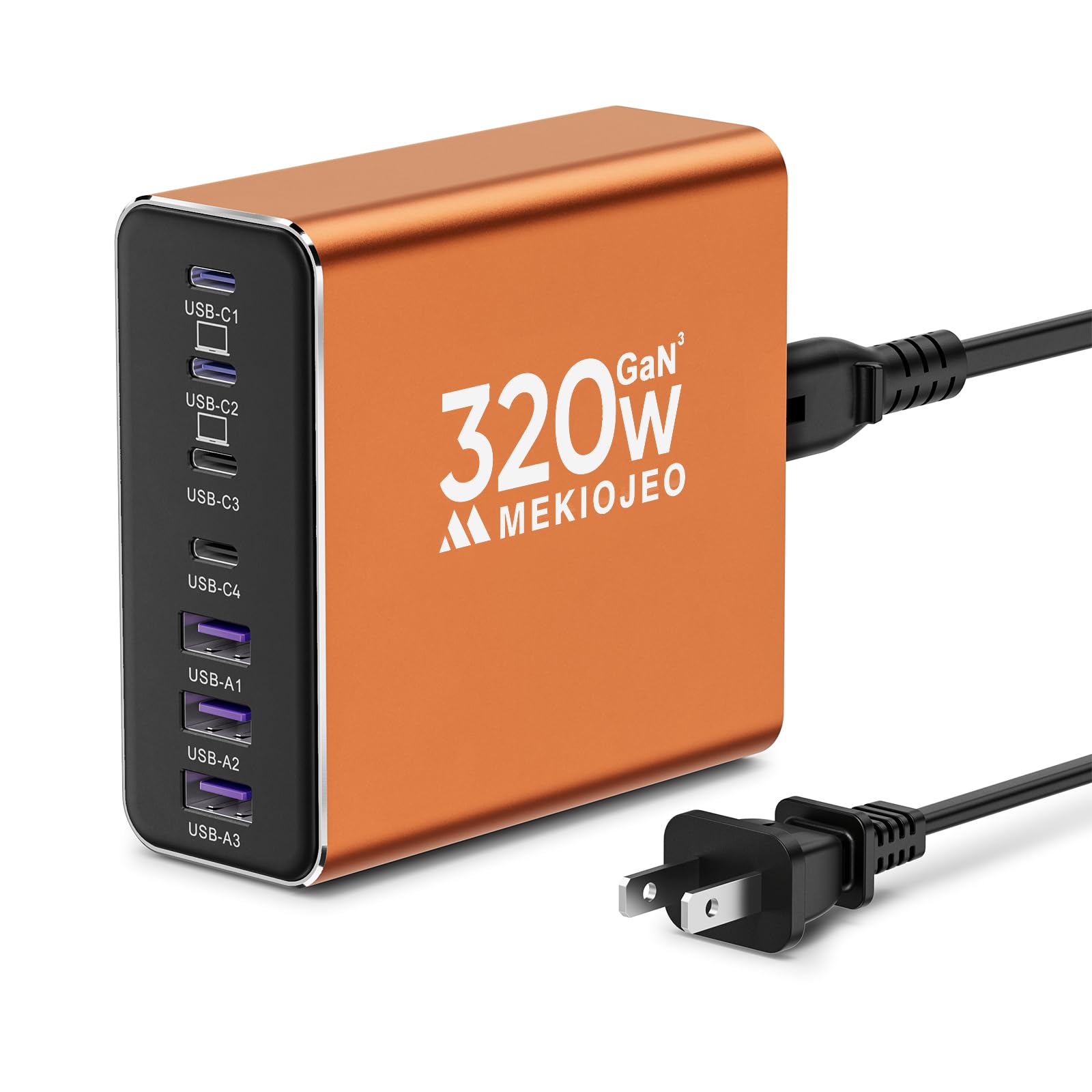 Aluminum Alloy USB C Charger GaN Charger Fast USB C Charging Station 7 Ports 65W Laptop for MacBook Pro/Air/iPad Pro/iPhone (Orange-4C3A)