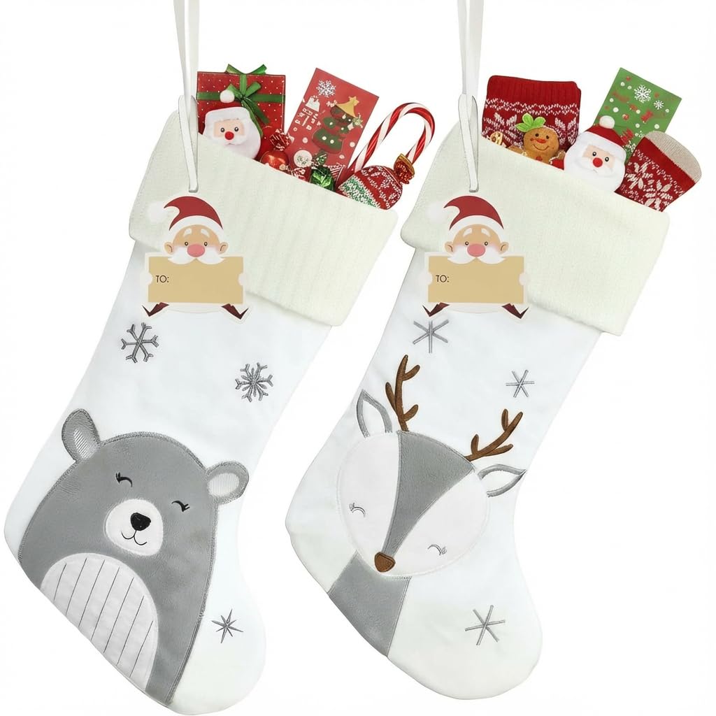 Valery Madelyn Large Christmas Stocking Grey Silver and White 18 Inch, Set of 2 Bear Reindeer Fluffy Stockings for Kids Boys and Girls