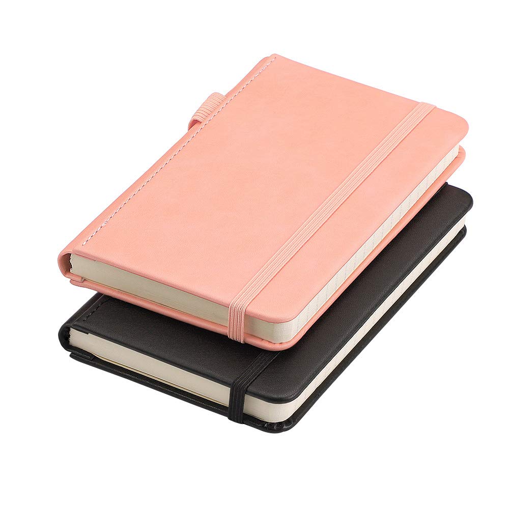 RETTACY Pocket Journal Notebook, 2-Pack, 160 Numbered Lined Pages per Pack, A6 Mini Small Size (3.5" × 5.5"), for Work, Journaling, Leather Hardcover, 100 GSM Thick Paper (Black & Pink)
