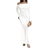 Curvphilo Mesh Long Sleeve Off Shoulder Bodycon Maxi Dress for Women Modal Elegant Cocktail Party Outfits Dress
