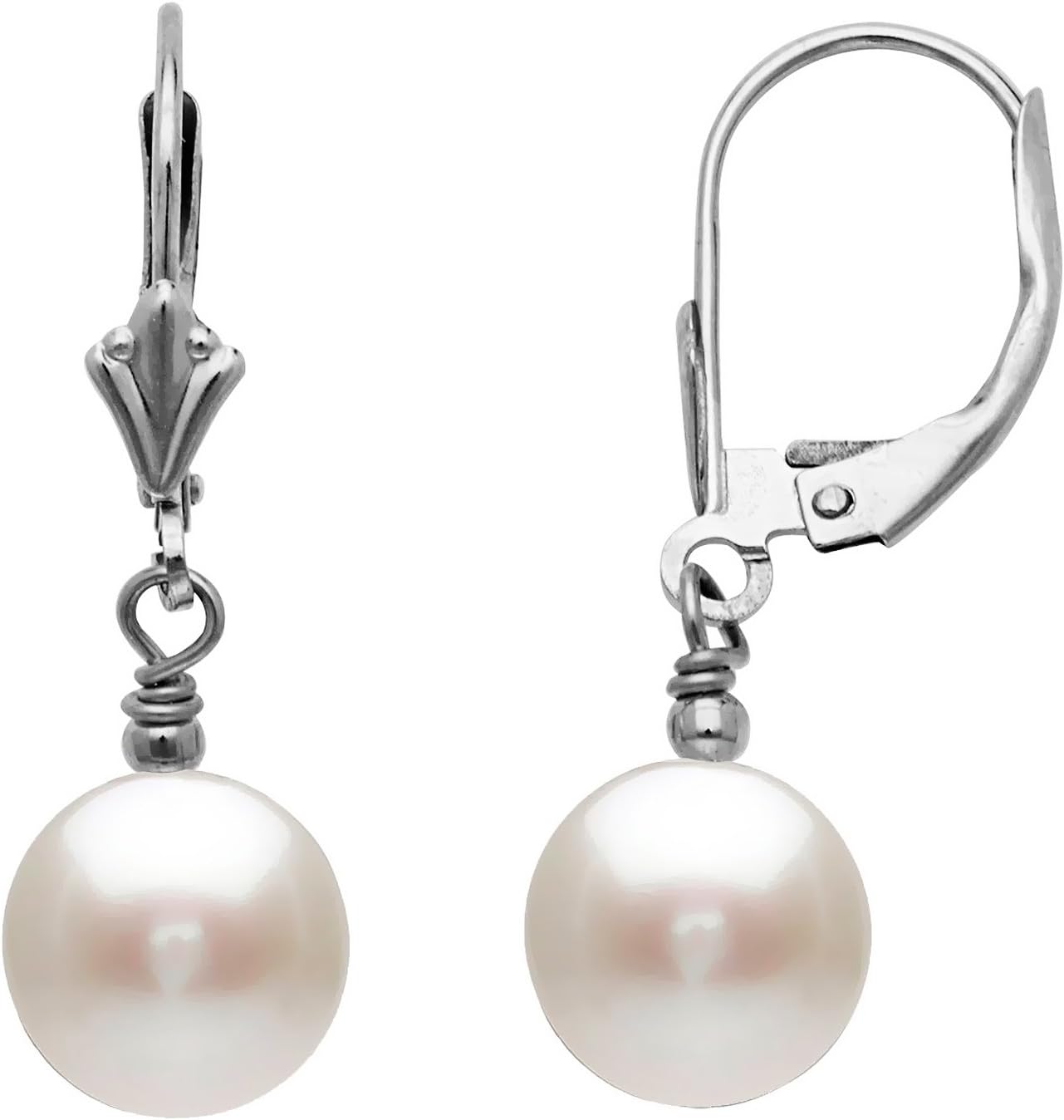 14k White Gold Freshwater Cultured Pearl Earrings Leverback Dangle Stud Pearl Earrings