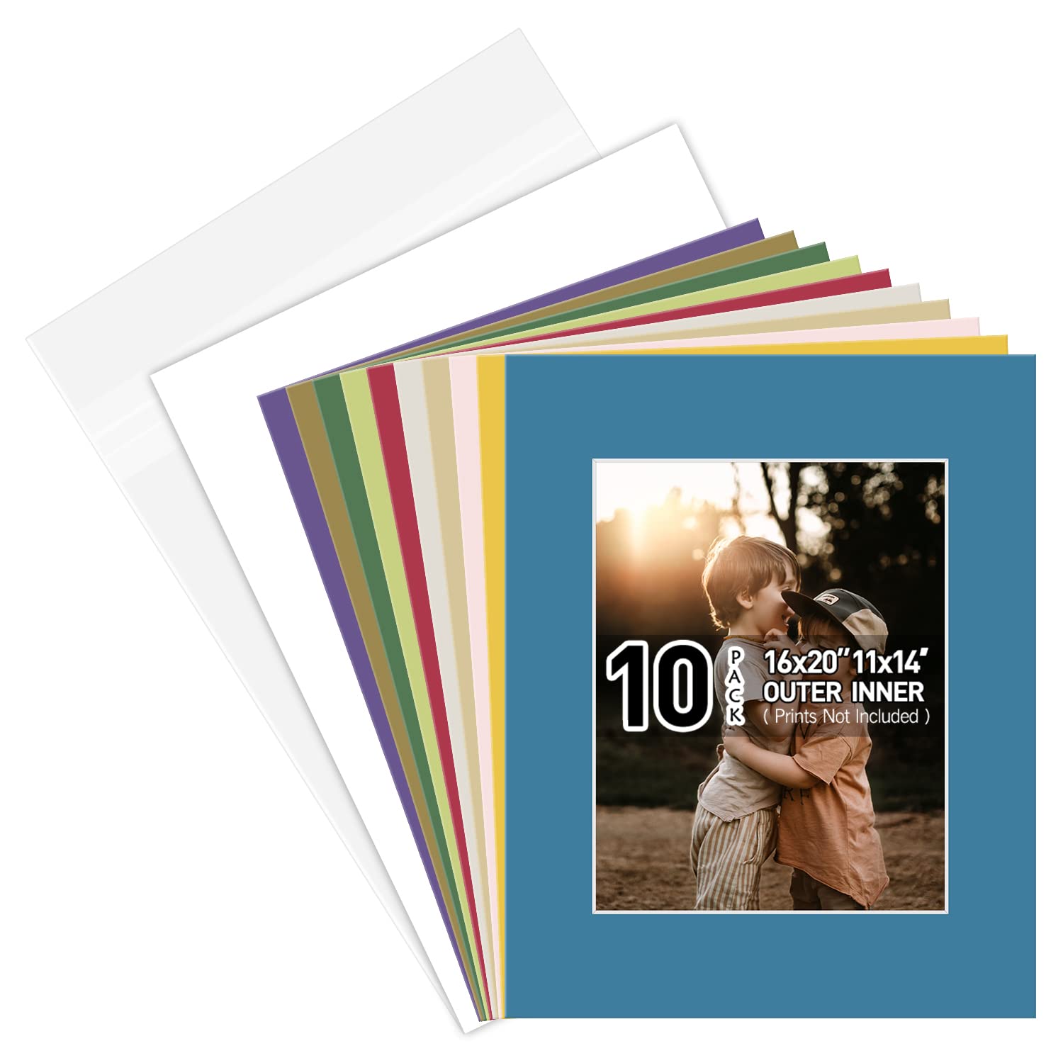 Golden State Art Pack of 10, Acid-Free Mixed Colors Pre-Cut 16x20 Picture Mat for 11x14 Photo with White Core Bevel Cut Mattes Complete Sets.