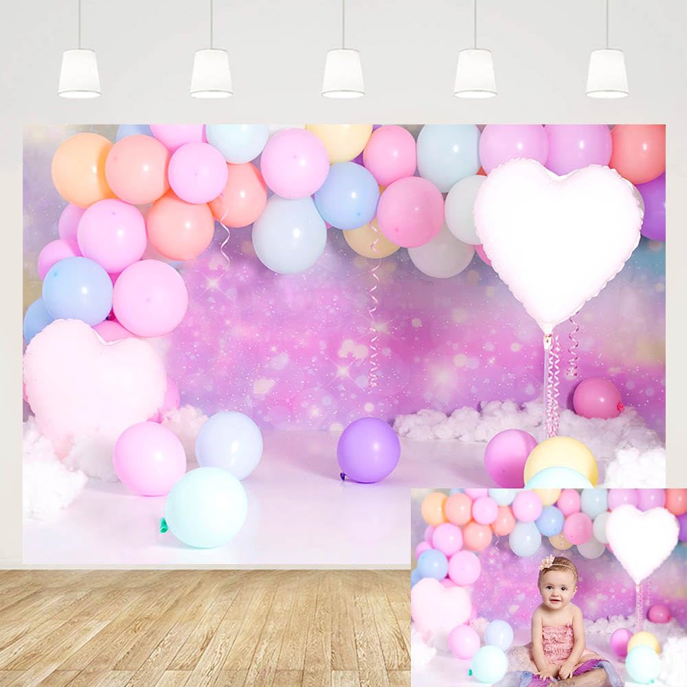 MEHOFOND 7x5ft Rainbow Cloud Colorful Balloons Girl Birthday Photography Backdrop Love Heart Pastel Background Party Banner Cake Smash Table Decoration Baby Shower Portrait Photo Studio Props