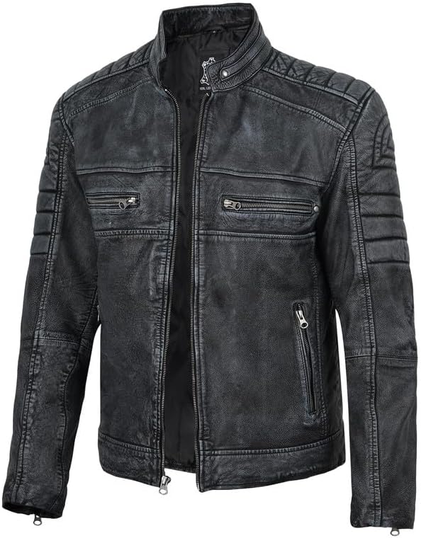 Mens Retro Classic Slim fit Biker Style Distressed Black Real