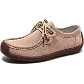 Sunporx Womens Suede Oxford Shoes Lace Up Comfort Casual Cowhide Square Toe Driving Moccasins Slip On Bowknot Penny Flat Loafers