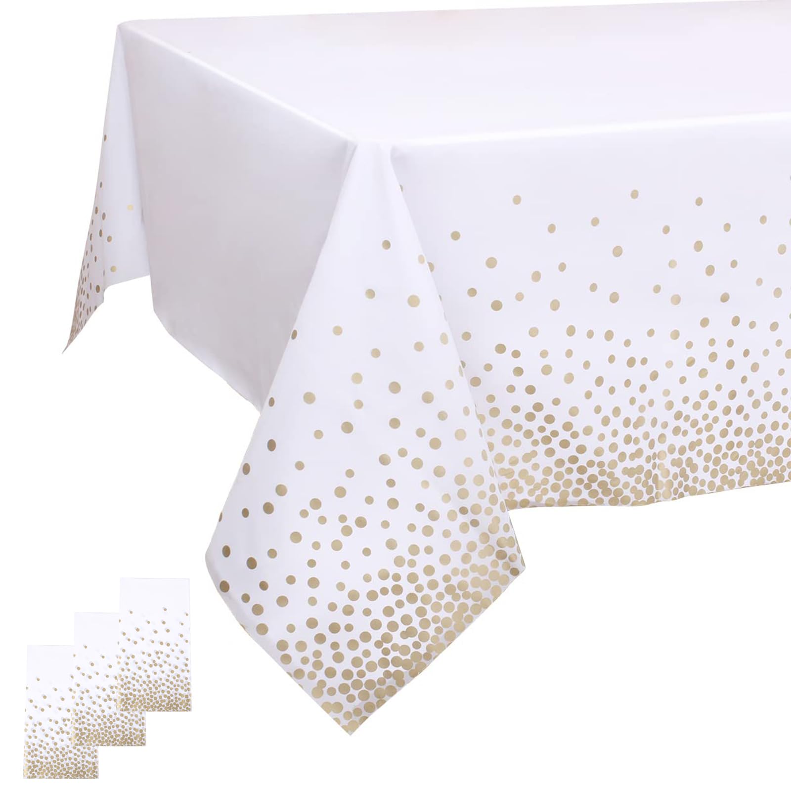 Kesfey 3 PCS White and Gold Tablecloths 54"x108" Gold Dot Tablecloth, White Plastic Tablecloths Disposable Plastic Table Cover Paper Table Cloths for Parties, Party, Wedding — image 1