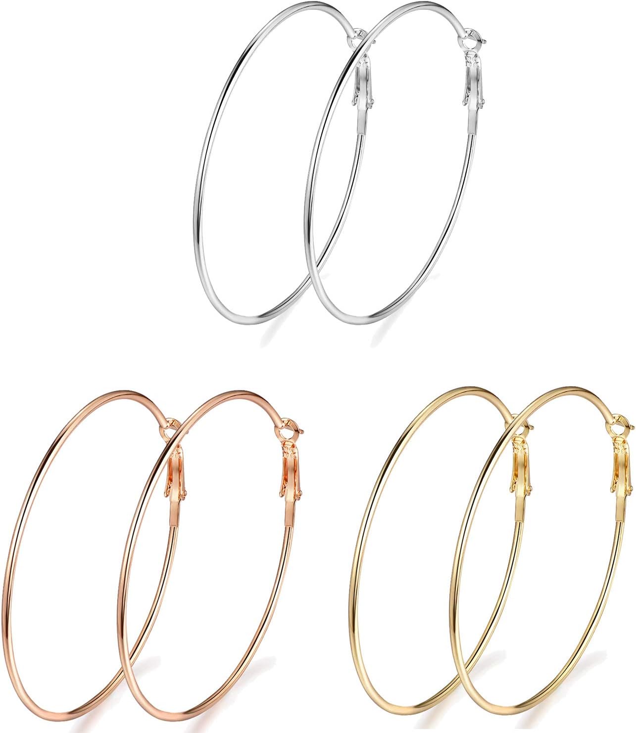 3 Pairs 316 Stainless Steel Hoop Earrings Set for Women 60mm (3mix)