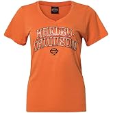 Harley-Davidson Women's Flare Foil Notched V-Neck Poly-Blend Tee, Orange