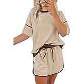 Rapbin Women's 2 Piece Sets Summer Casual Short Sleeve Tops Matching Drawstring Mini Skirt Going Out Lounge Outfits