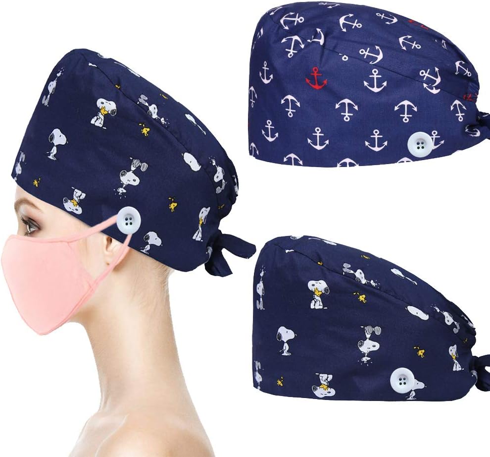 Surgical Cap with Button for Holding Mask, Scrub Cap Medical Doctor Bouffant Hat with Sweatband for Womens Mens
