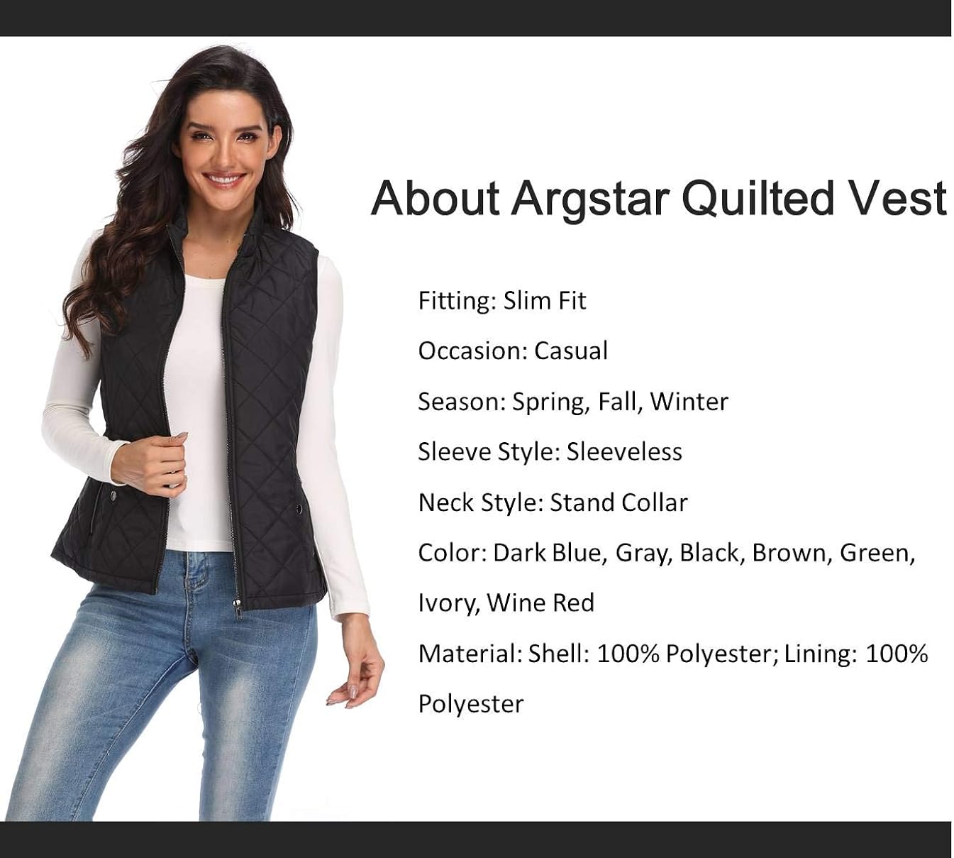 Argstar Lightweight Stand Collar Zip Pockets Gilet Quilted Puffy Vest for Women at  Women's Coats Shop