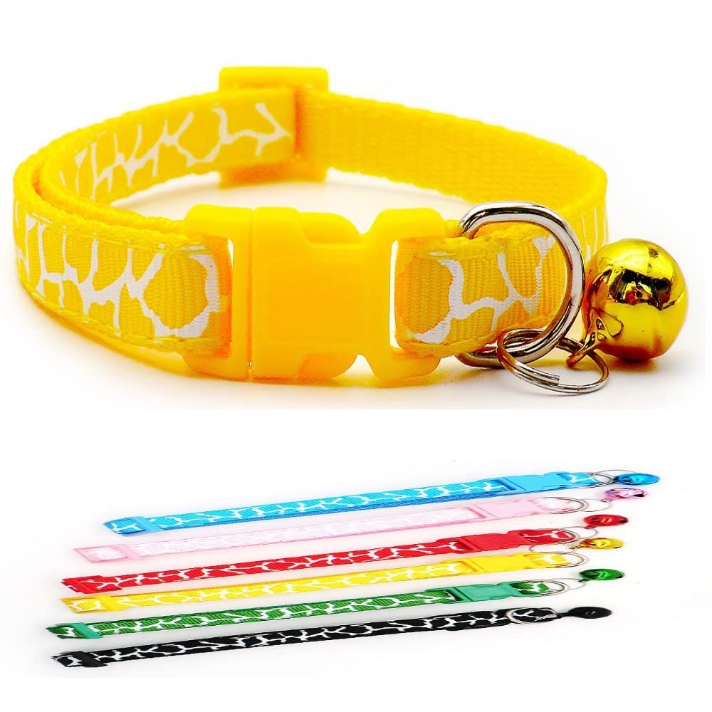Small Dog Puppy Pet Collar Zebra Giraffe Animal Print Design with Bell Nylon Adjustable Size 19-32cm Yellow