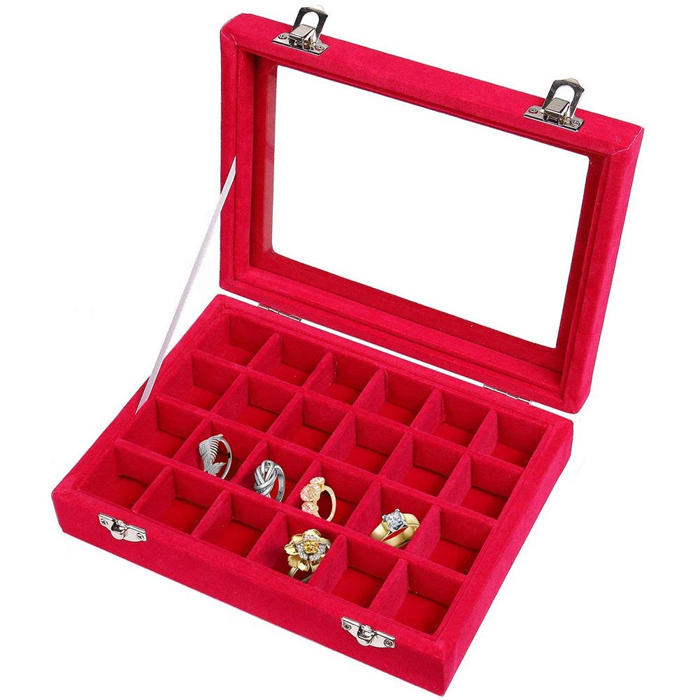 24 Grids Velvet Glass Ring Jewelery Display Storage Box Tray Case Holder Earring Organizer Stand(Red)