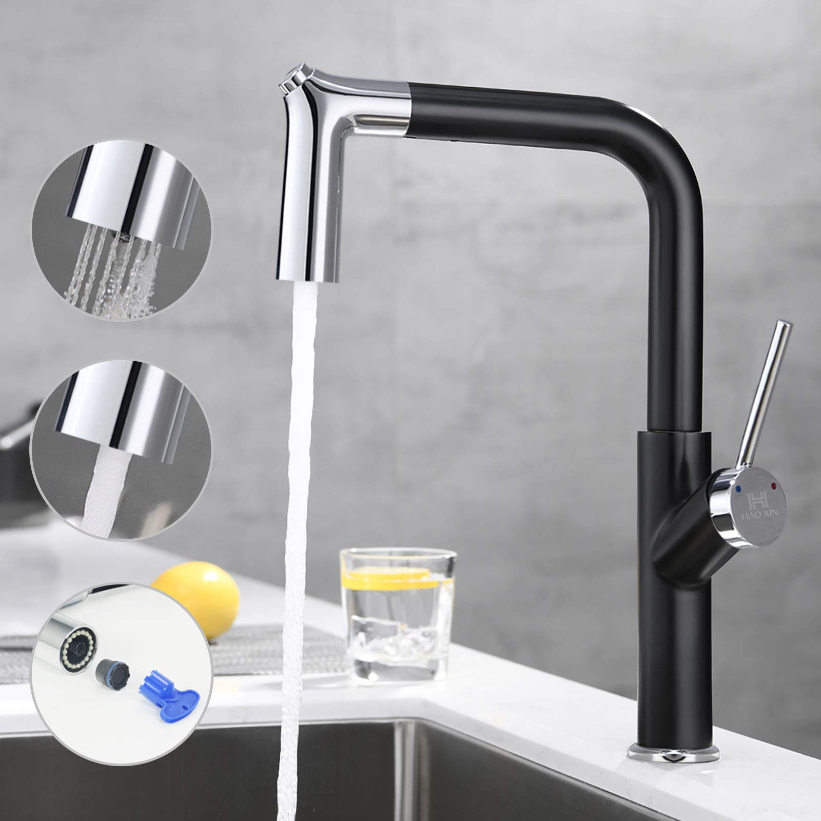 HAOXIN Black Kitchen Taps with Pull Out Spray Chrome Mixer Tap Kitchen Pull Down 2 Functions 360° Rotation Brass Mixer Tap Kitchen UK Standard Fittings