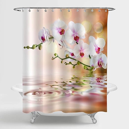 Amazon Com Mitovilla Spa Zen Shower Curtain Set For Women And Girls Bathroom Decor White Orchid Florals With Watercurls In The Garden Pond Artwork Bathroom Accessories With Hooks White Coral 72 W X
