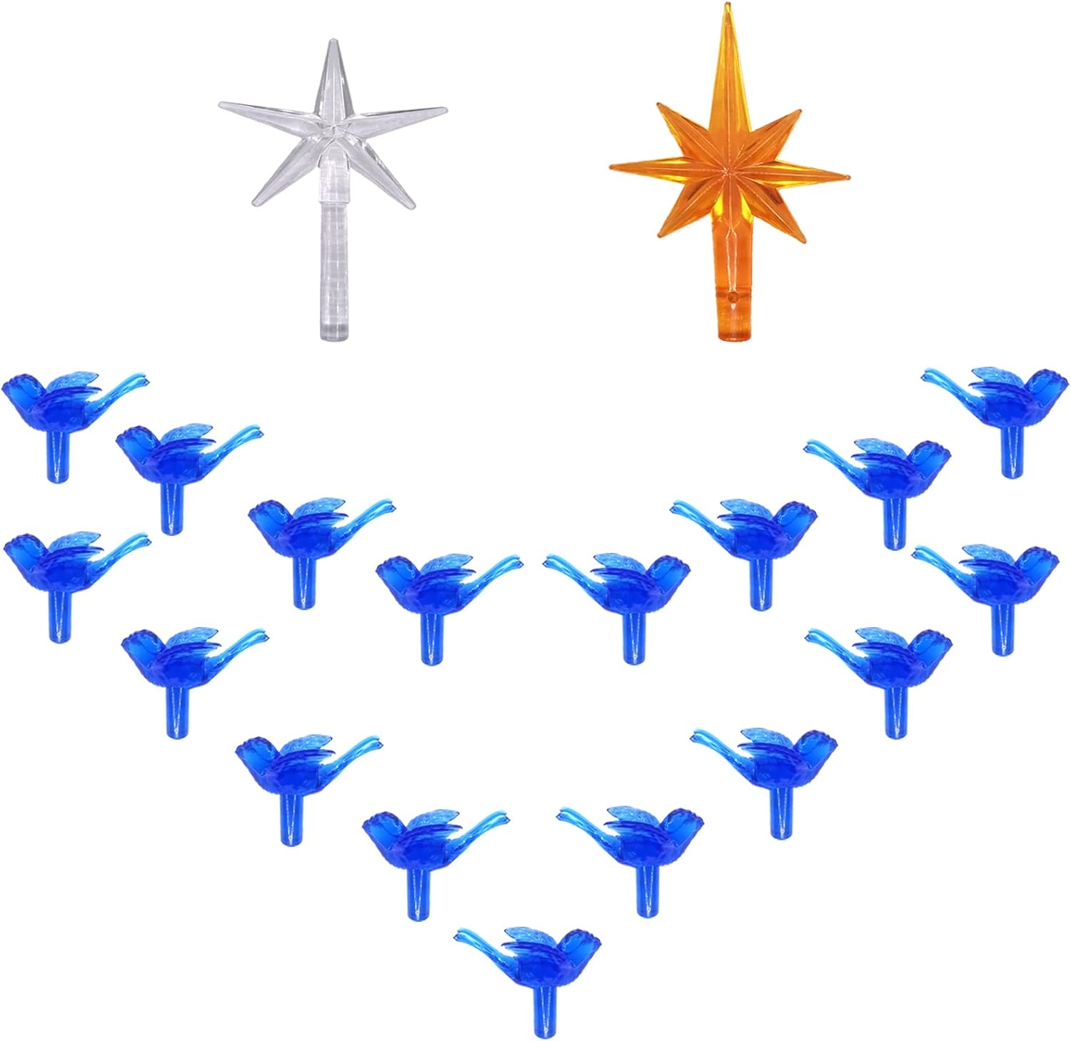 Tree Toppers - 117Pcs Ceramic Christmas Tree Dark Blue Bird Replacement Lights Bulbs and 2Pcs Stars Tree Topper for Retro Ceramic Tree Ornaments- Tree Pegs Accessories.