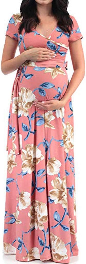 Women's Pregnant Maxi Breastfeeding Nursing Floral Short Sleeve Waist Tied Loose Dresses