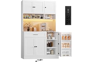 FJTJBSI 72" Kitchen Pantry Cabinet with LED Light and Charging Station Tall Pantry Storage Cabinet with Adjustable Shelves and Door Shelves Modern Kitchen Hutch with Microwave Stand and Countertop