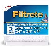 Filtrete 24x24x1 AC Furnace Air Filter, MERV 13, MPR 1900, Premium Allergen, Bacteria & Virus Filter, 3-Month Pleated 1-Inch Electrostatic Air Cleaning Filter, 2-Pack (Actual Size 23.81x23.81x0.78 in)
