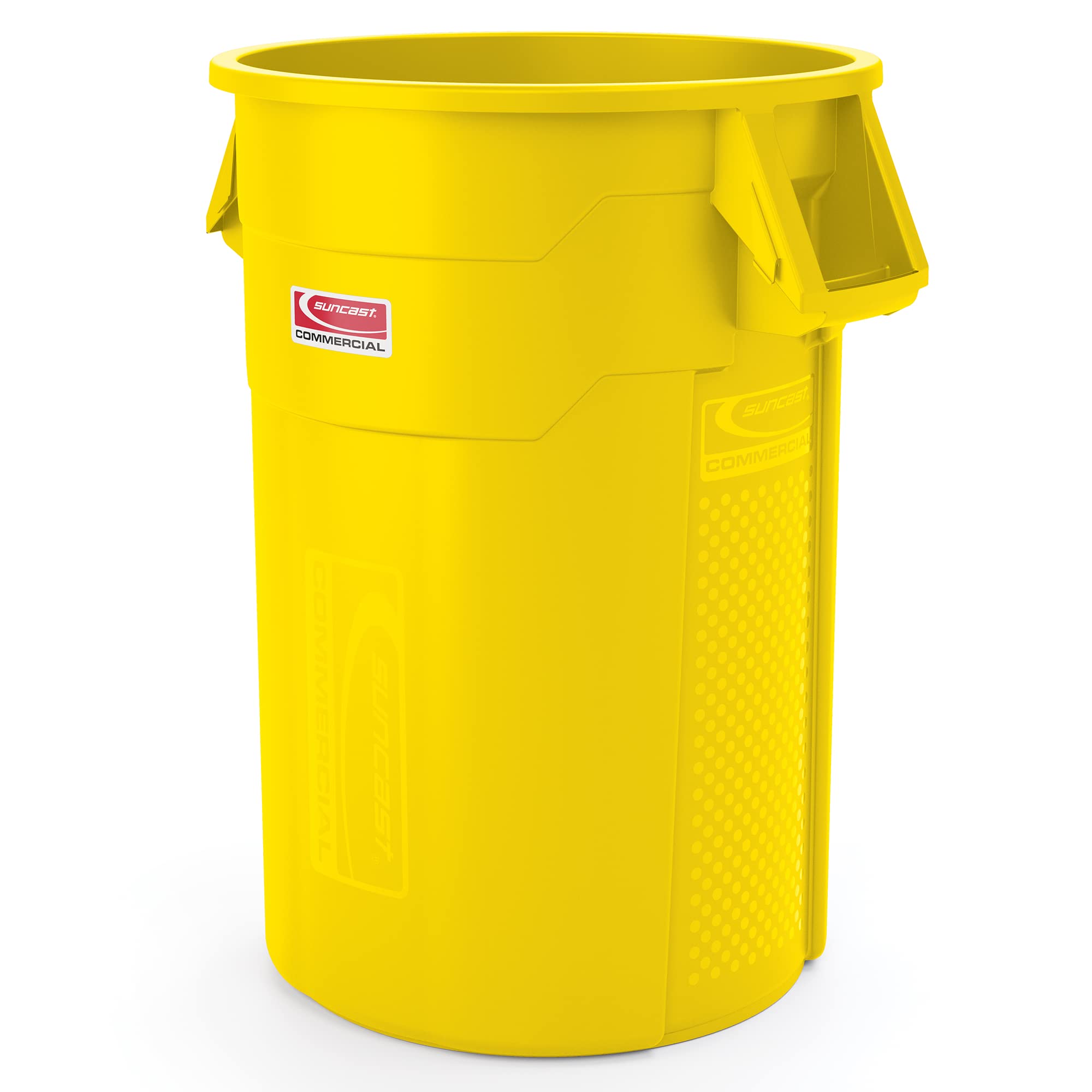 Photo 1 of **broken**Suncast Commercial Products 44 Gallon Trash Can with Vented Channels, Ergonomic Handles, Rolled Upper Lip, Made in The USA, Yellow, Made in The USA