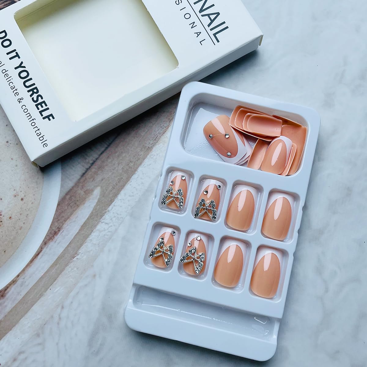 24pcs Short Press-on Nails: Square French Tip with Charms, Butterfly Designs, White Tips, Full Cover Glue-on Nails for Women's Finger Manicure - Image 5