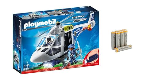 PLAYMOBIL 6874 - Polizei-Helikopter mit LED-Suchscheinwerfer und AmazonBasics Performance Batterien Alkali, AAA, 8er Pack