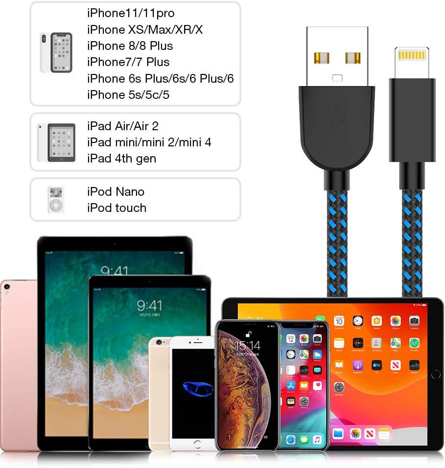 PLmuzsz MFi Certified iPhone Charger Lightning Cable 5 Pack High Speed Nylon Braided USB Fast Charging&Data Syncs Cord Compatible iPhone Xs/Max/XR/X/8/8Plus/7/7Plus/6S/6S Plus/SE/iPad/Nan (Black&Blue)