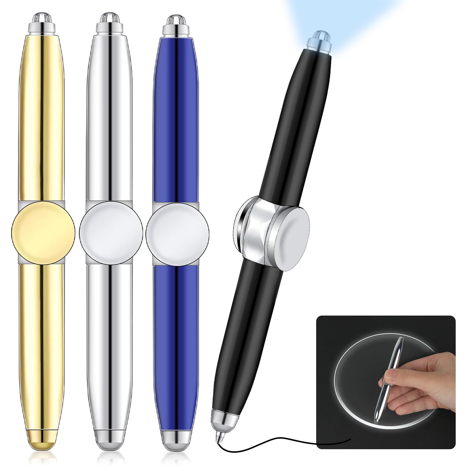 AUAUY 4PCS LED Spinning Pen - Multifunctional Fidget Ballpoint With Light for Thinking and Stress Relief - Rotating Gift for Business, Adults, Students, Kids in 4 Colors