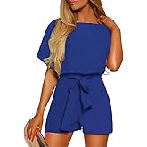 Vetinee Womens Summer Belted Romper Keyhole Back Short Sleeve Jumpsuit Playsuit