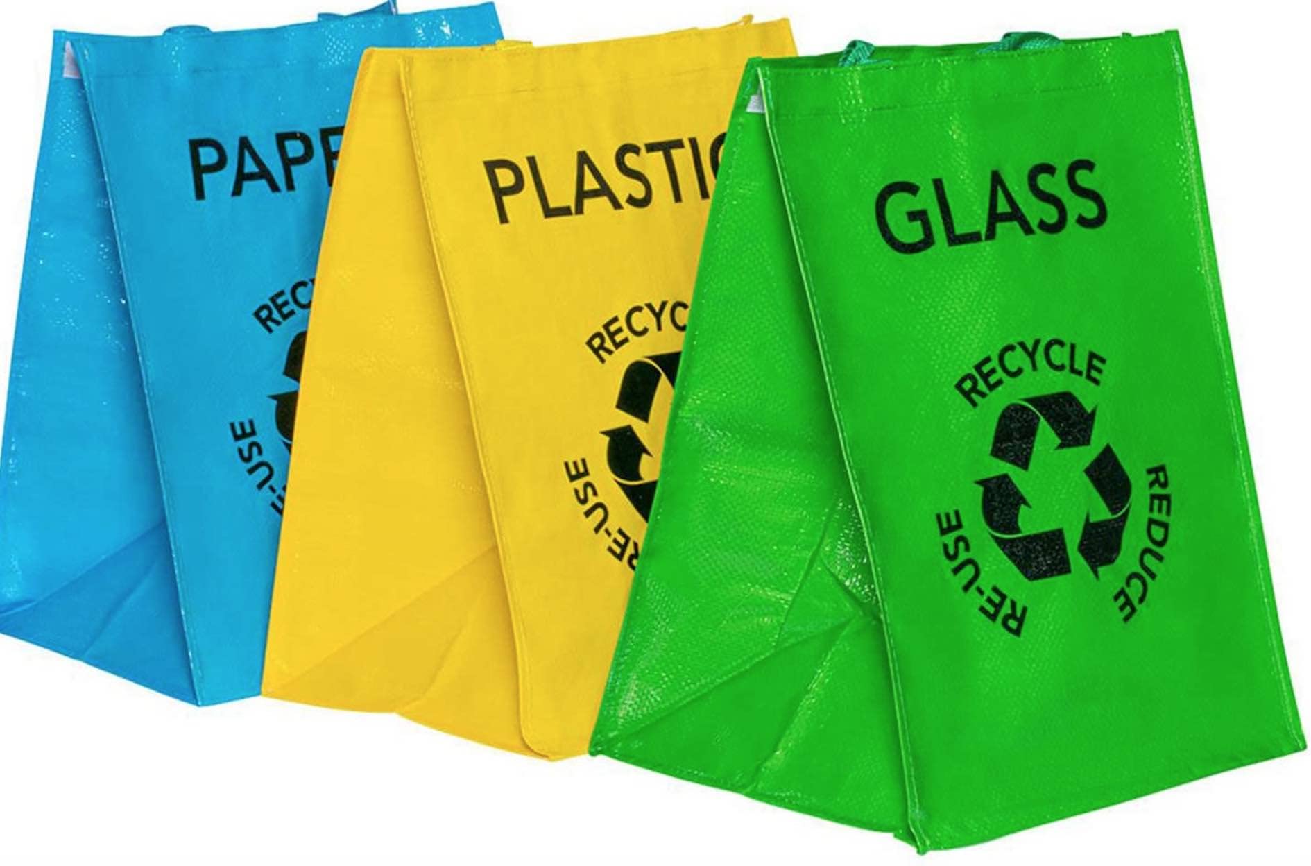 FAQRAH Set of 3 Large Multicoloured Heavy Duty Reusable Recycle Bags 53L with Handles and Secure Attachments - Separate Your Household Waste and Recycling Bags for Glass Paper and Plastic