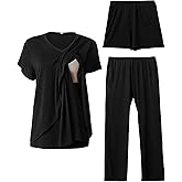 Rnxrbb V Neck Nursing Pajamas Set 3 Pack Postpartum Pjs Breastfeeding Sleepwear for Women Double Layer with Pockets