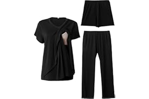 Rnxrbb V Neck Nursing Pajamas Set 3 Pack Postpartum Pjs Breastfeeding Sleepwear for Women Double Layer with Pockets