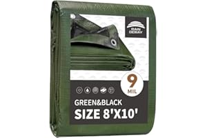 RAINDEWAY Tarps 8x10 Feet,Tarp Waterproof,9Mil Thick,Finished Size,Multipurpose Poly Tarp Cover with Metal Grommets and Reinforced Edges,Green/Black Tarpaulin