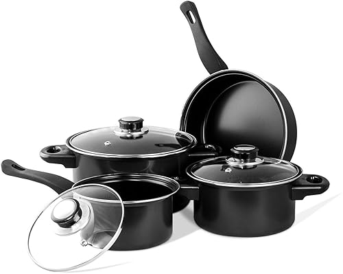 Imperial Home 7 Pc Carbon Steel Nonstick Cookware Set, Pots & Pans Set, Dishwasher Safe Cookware Set, Cooking Set, Kitchen Essentials (Black)