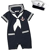 stylesilove.com Baby Boy Marine Sailor Cotton Romper Onesie with Hat and Necktie 3pcs Holiday Outfit