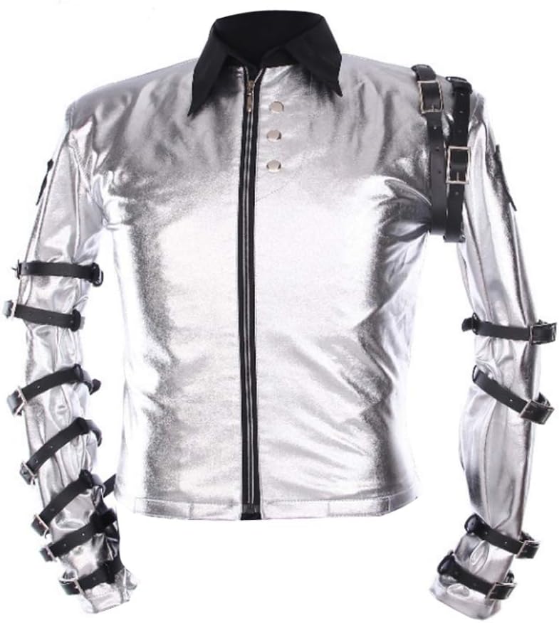 Thrille9 Michael Jackson Jacket Classic MJ Bad Tour Shirt Punk Leather Belts Zipper Jacket Outerwear Silver