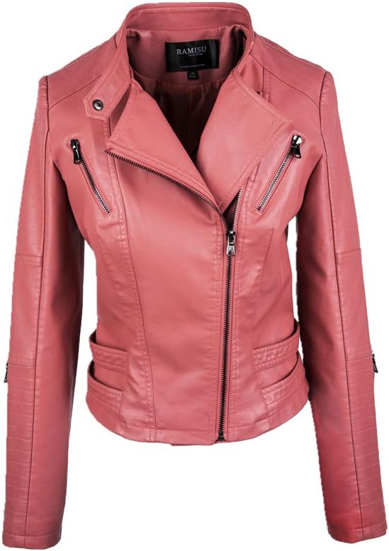 RAMISU Pink Slim Pu Leather Jacket Women Motorcycle Short Jackets Leather Coats