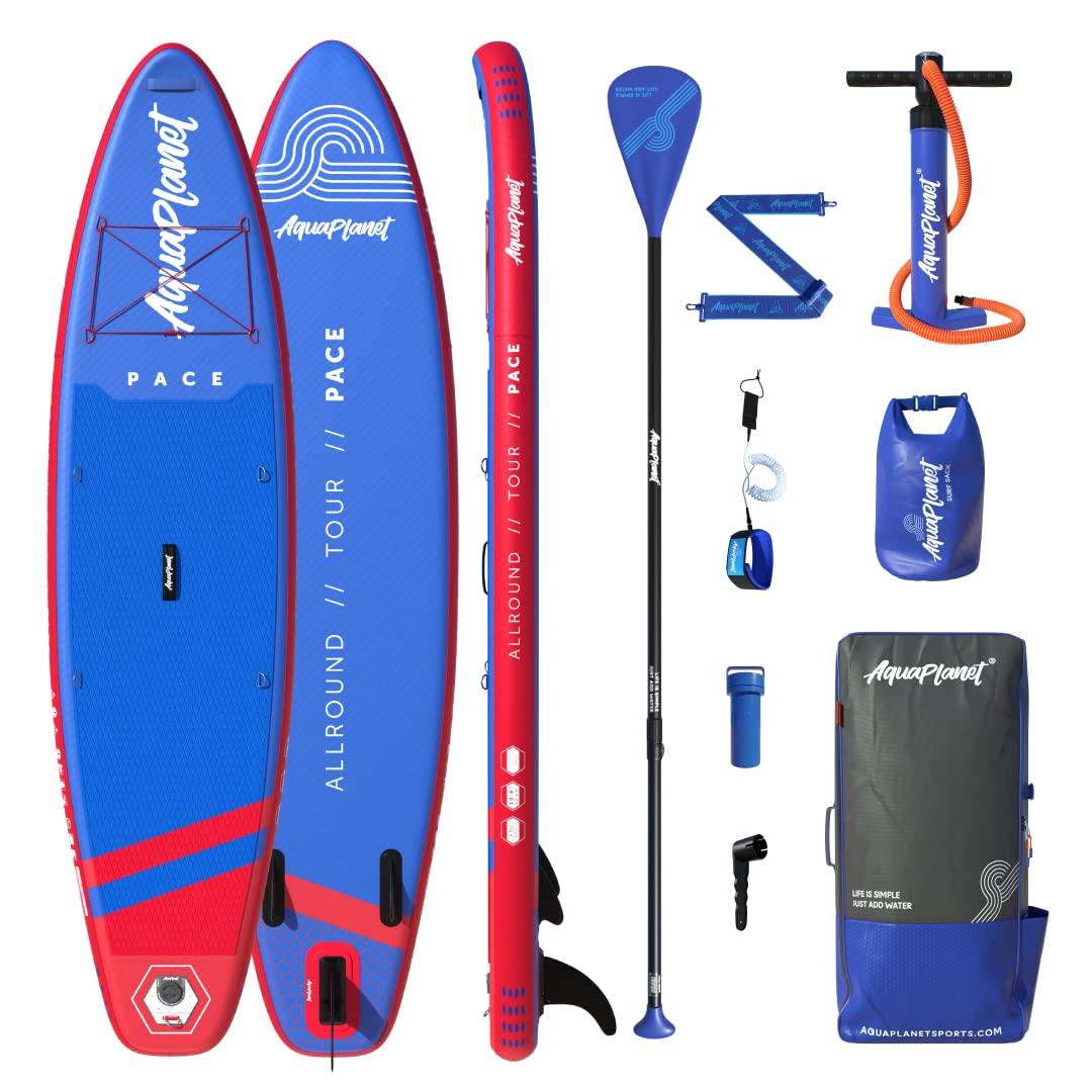 AQUAPLANET Inflatable Paddle Board Kit - Pace, Blue & Red | 10.6 Foot | SUP for Beginners & Experts | Includes Accessories