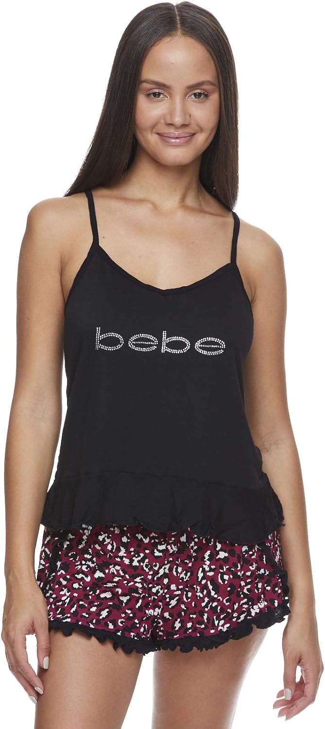 bebe Womens Pajamas Set of 2 Tank Top and Lounge Pajama Shorts Sleepwear for Women, Black