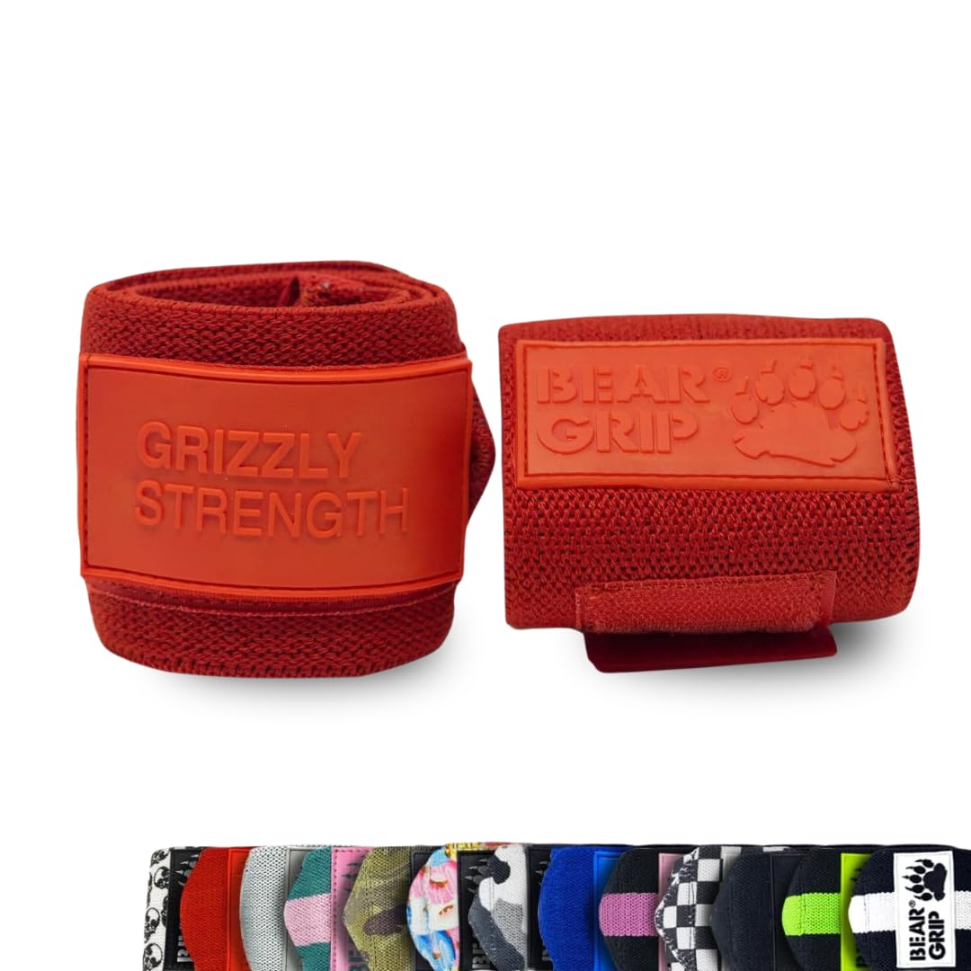 BEAR GRIP - Premium Heavy Duty Weight Lifting Wrist Wraps, Bodybuilding, Crossfit, Powerlifting, StrongMan (Red/Red, 24 Inches)