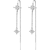 Aliyoham Star and Snowflake Threader Earrings, Sterling Silver Plated Dangle Earrings with Crystal, Tassel Earrings for Women