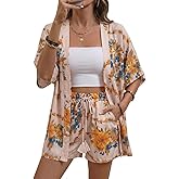 CHICME Women's 2 Piece Outfit Floral Print Cover Up Half Sleeve Blouse Shorts Set Summer Beach Vacation Resort Wear