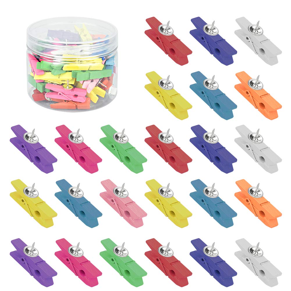 BUZIFU 50 Pcs Colorful Push Pins Clips Wooden Pegs Pins Pushpin Tacks Wooden Crafts Pins Drawing Pins Decorative Paper Wood Clips with Thumbtacks for Cork Boards Crafts Arts Projects Photo Supplies