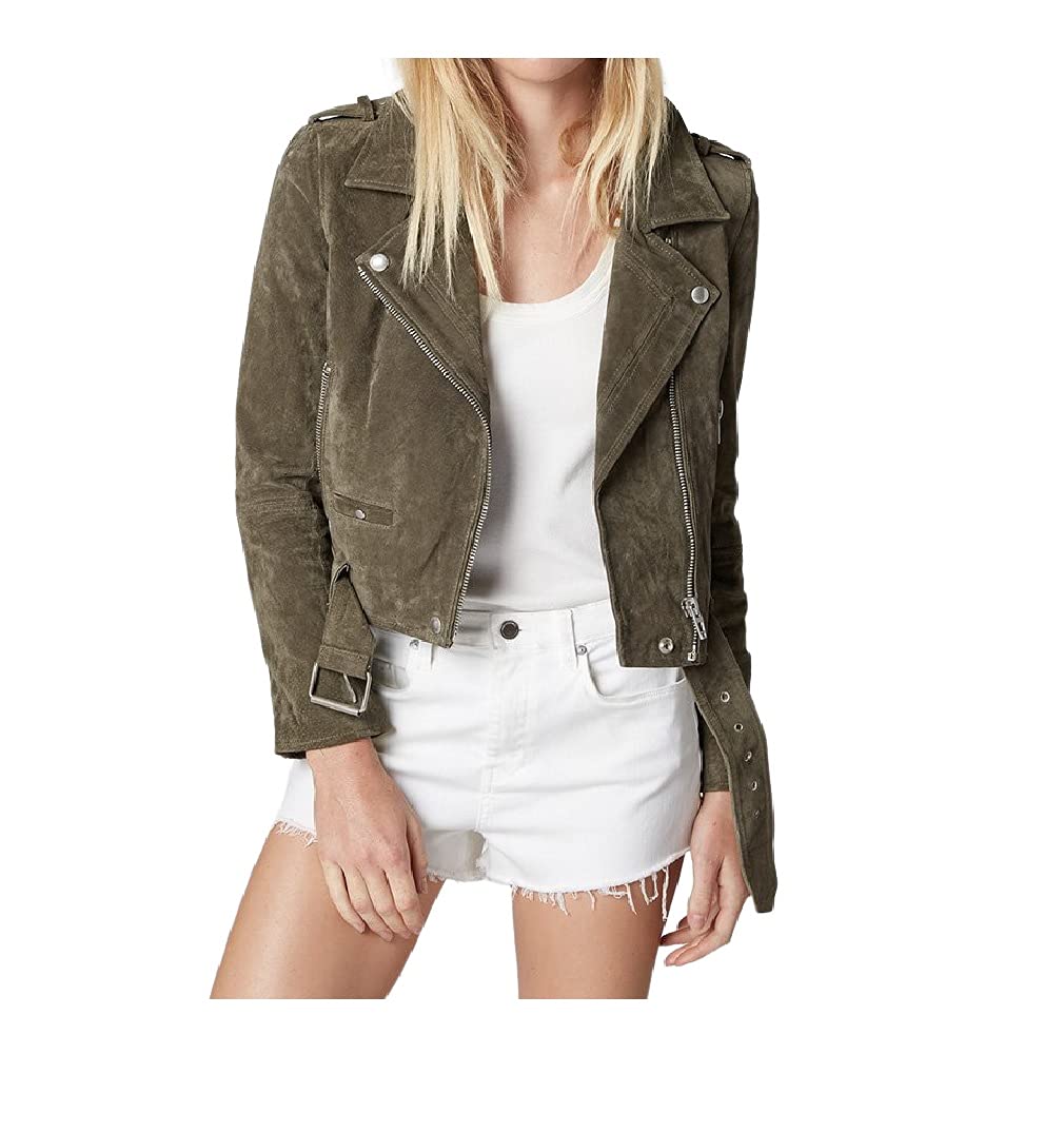 Photo 1 of [BLANKNYC] womens Luxury Clothing Cropped Suede Leather Motorcycle Jackets, Comfortable & Stylish Coats, Herb, Small
