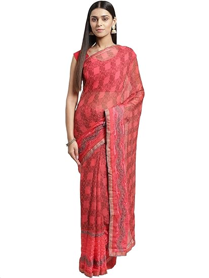 Shaily Womens Coral Pink Georgette Embroidery Saree