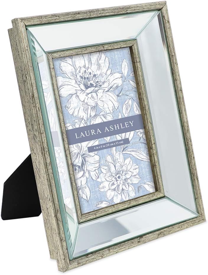 Laura Ashley 4x6 Silver Beveled Mirror Picture Frame, Classic Mirrored Frame with